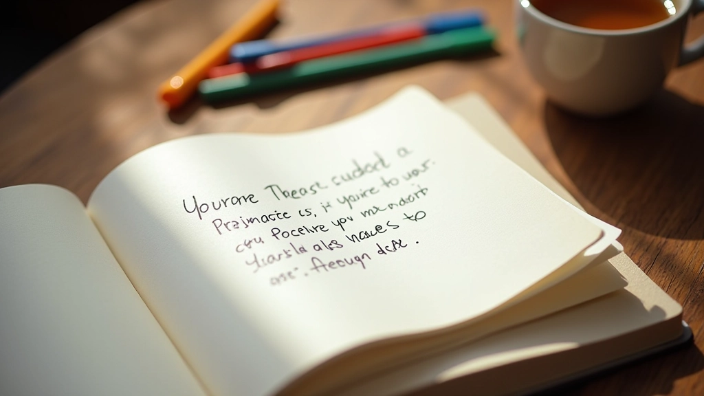 Handwritten affirmations in a journal with colorful pen, personal writing space, intimate and real moment