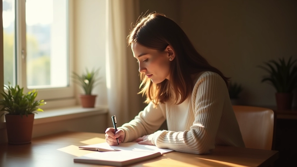 Person writing affirmations in a quiet morning space, natural light from window, peaceful and focused expression, warm wooden desk