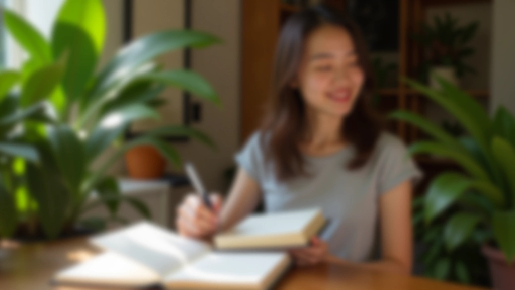 Person holding journal with affirmations written, pen nearby, warm afternoon light on wooden table, plants in background, organized workspace