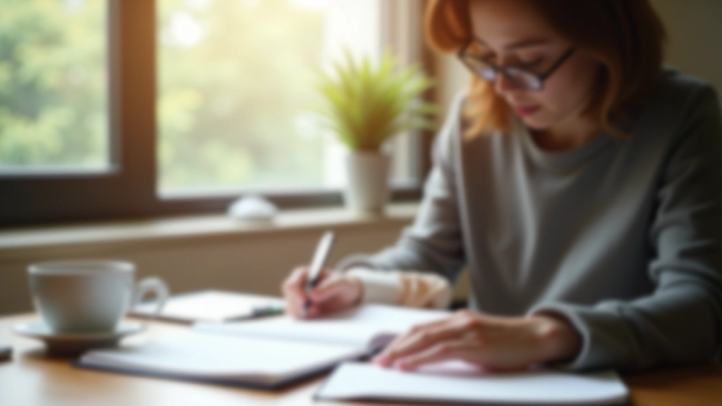 Person sitting at desk writing in a daily planner, coffee cup nearby, window showing trees outside, morning atmosphere