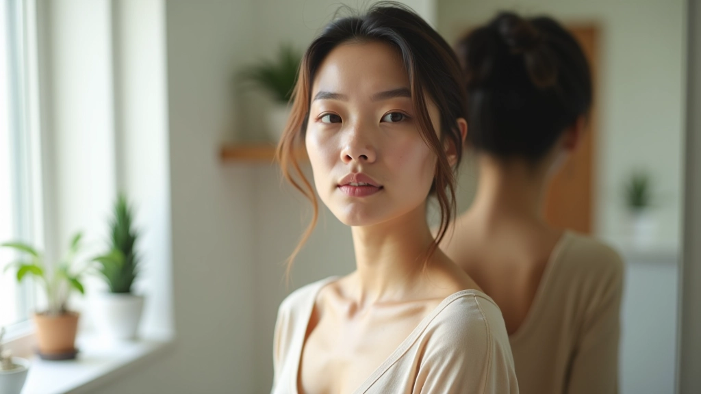 Woman checking mirror with positive expression, bright bathroom with natural light, plants on shelf, comfortable relaxed posture, getting ready moment