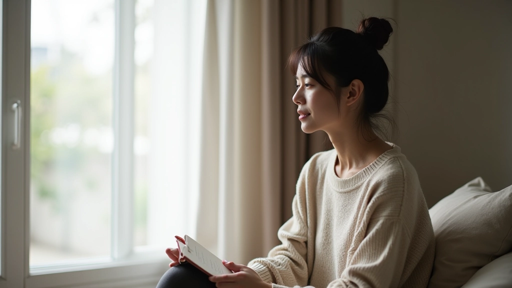 Woman sitting peacefully by window with morning light, journaling in notebook, comfortable casual clothing, calm minimalist bedroom space