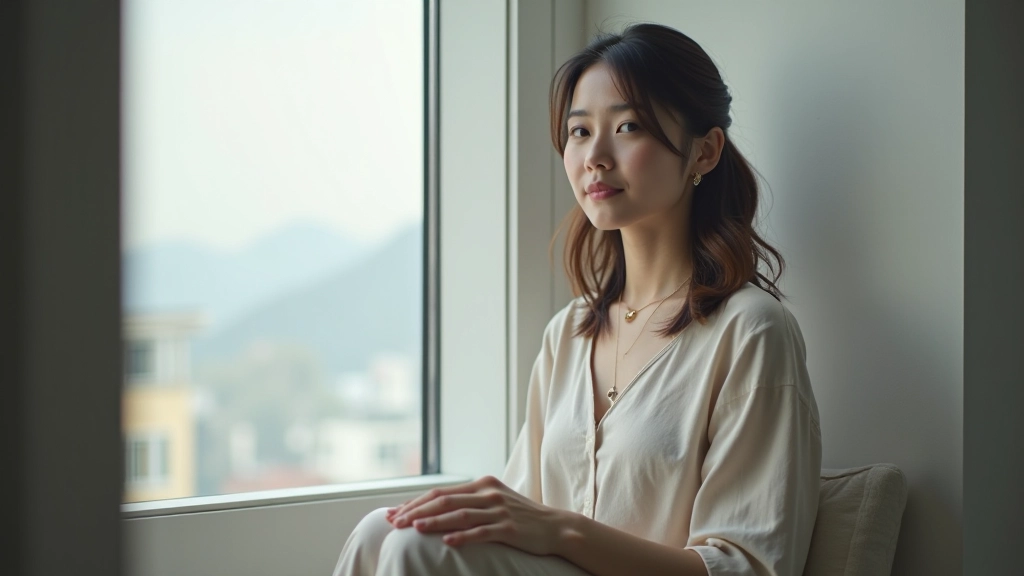 Woman sitting peacefully by a window with natural light, hands resting on lap, serene expression, modern minimalist room